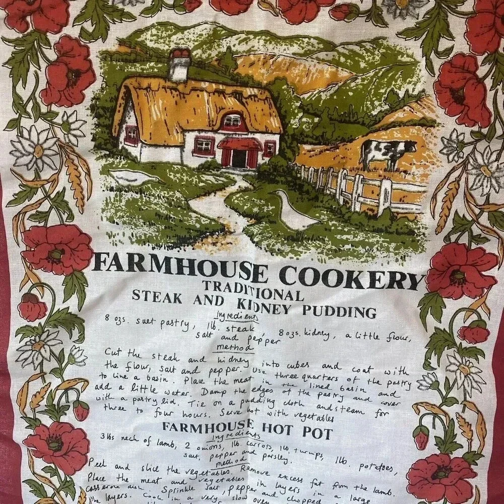 VTG Irish Tea Towel HOME MADE Farmhouse RECIPE Hot Pot Pudding Cotton Kitchen